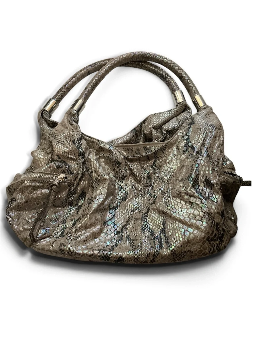 Designer-Style Snake Print Hobo Bag in Taupe
